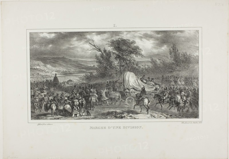 Division March, 1831, Denis Auguste Marie Raffet (French, 1804-1860), published by Chez Gihaut Frères (French, 19th century), France, Lithograph in black on off-white wove paper, 155 × 298 mm (image), 283 × 400 mm (sheet)