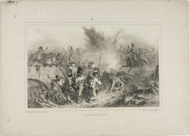The Pursuit, 1832, Denis Auguste Marie Raffet (French, 1804-1860), printed by Chez Gihaut Frères (French, 19th century), France, Lithograph in black on ivory wove paper, 174 × 278 mm (image, to first border), 283 × 400 mm (sheet)