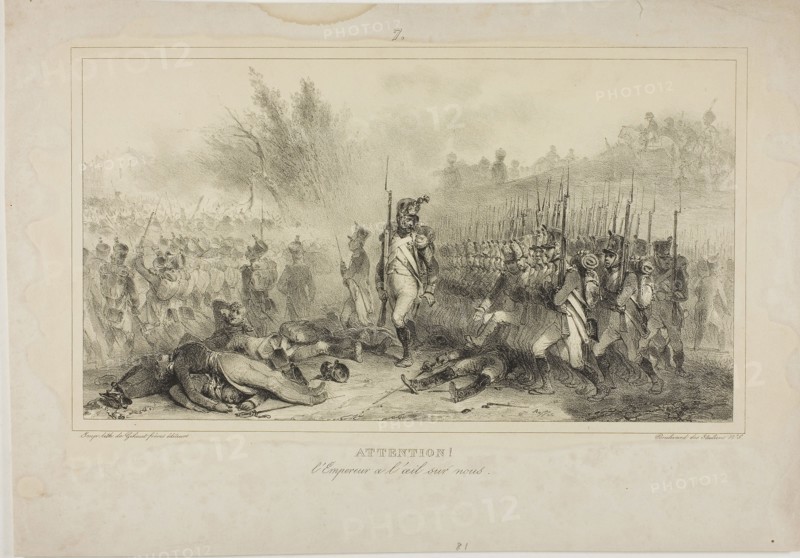 Attention! The Emperor has his eye on you, 1832, Denis Auguste Marie Raffet (French, 1804-1860), published by Chez Gihaut Frères (French, 19th century), France, Lithograph in black on cream wove paper, 170 × 312 mm (image), 269 × 380 mm (sheet)