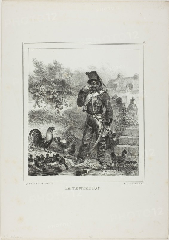 Temptation, 1833, Denis Auguste Marie Raffet (French, 1804-1860), printed by Chez Gihaut Frères (French, 19th century), France, Lithograph in black on ivory wove paper, 197 × 187 mm (image), 401 × 282 mm (sheet)