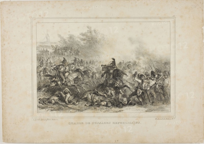 Charge of the Republican Hussards, 1832–33, Denis Auguste Marie Raffet (French, 1804-1860), printed by Chez Gihaut Frères (French, 19th century), France, Lithograph in black on buff wove paper, 174 × 263 mm (image), 282 × 399 mm (sheet)