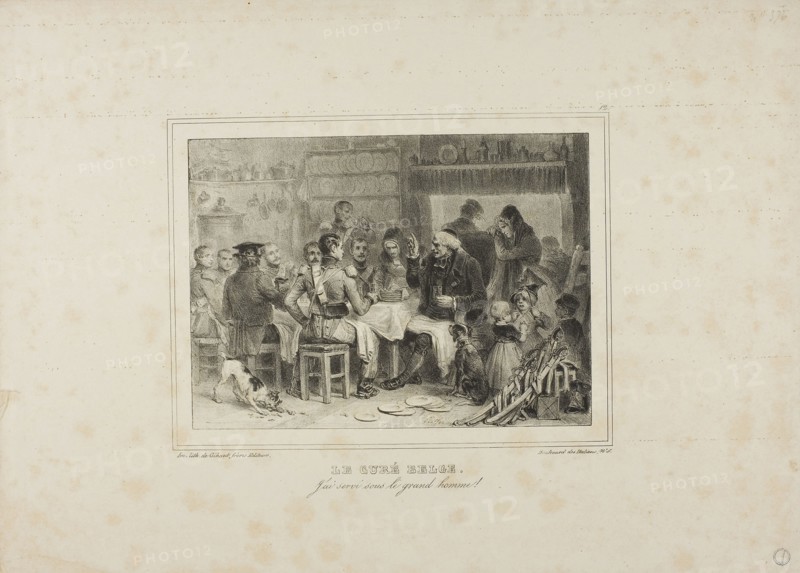 The Belgian Curate: I have served under the great man!, 1832–33, Denis Auguste Marie Raffet (French, 1804-1860), printed by Chez Gihaut Frères (French, 19th century), France, Lithograph in black on ivory wove paper, 143 × 197 mm (image), 285 × 398 mm (sheet)