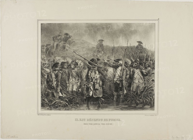 Il est défendu de fumer, mais vous pouvez vous asseoir, 1834, Denis Auguste Marie Raffet (French, 1804-1860), printed by Chez Gihaut Frères (French, 19th century), France, Lithograph in black on buff wove paper, 181 × 237 mm (image), 289 × 401 mm (sheet)