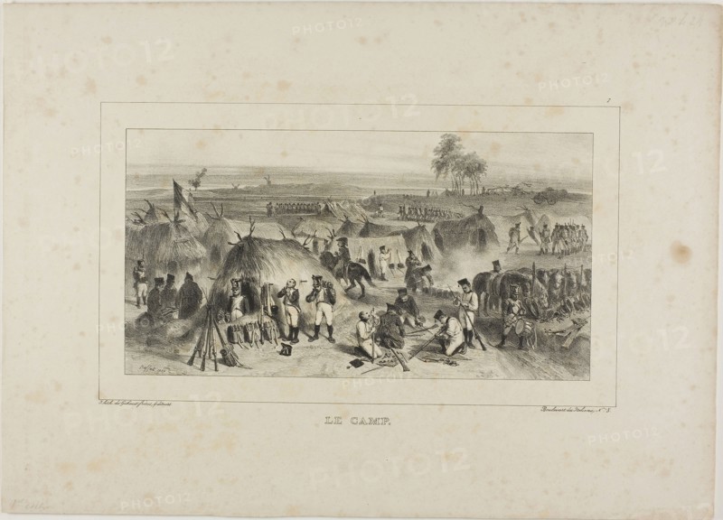The Camp, 1836–37, Denis Auguste Marie Raffet (French, 1804-1860), printed by Chez Gihaut Frères (French, 19th century), France, Lithograph in black on ivory wove paper, 137 × 259 mm (image), 284 × 397 mm (sheet)