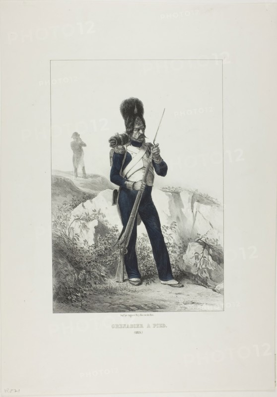 Grenadier on Foot, Elba, 1846, Théodore Valerio (French, 1819-1879), stone finished by Denis Auguste Marie Raffet (French, 1804-1860), after Nicolas Toussaint Charlet (French, 1792-1845), printed by Auguste Bry (French, 19th century), France, Lithograph in black, hand-colored in blue, on ivory wove paper, 235 × 187 mm (image), 427 × 301 mm (sheet)