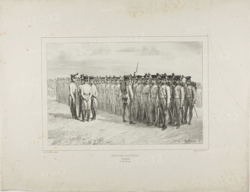 Hungarian Infantry, Presbourg, July 2, 1837, 1837, Denis Auguste Marie Raffet, French, 1804-1860, France, Lithograph in black on gray chine laid down on ivory wove paper, 187 × 285 mm (image), 187 × 284 mm (primary support), 352 × 459 mm (secondary support)