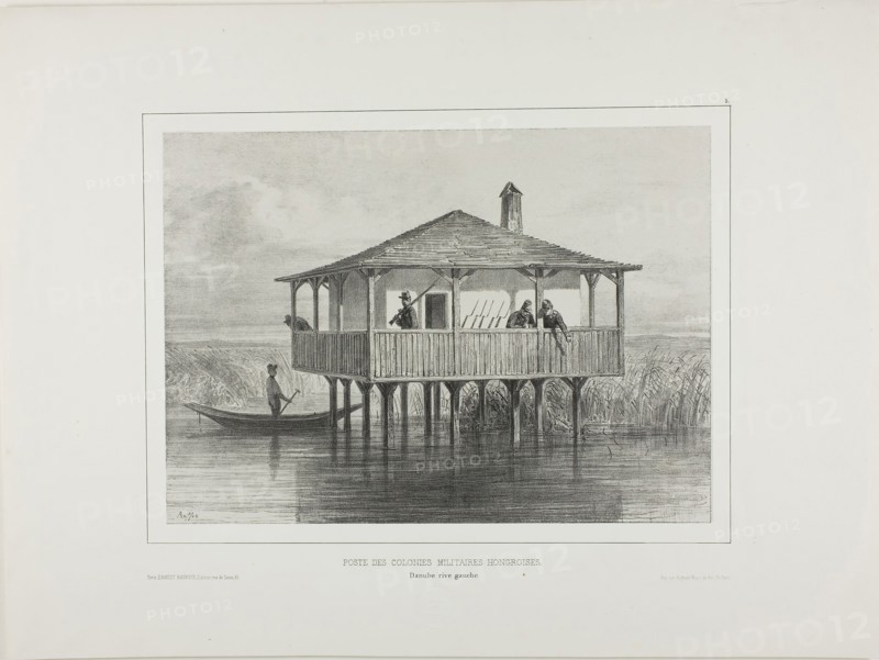 Hungarian Military Colony Post, Left Bank of the Danube River, 1838, Denis Auguste Marie Raffet (French, 1804-1860), printed by Auguste Bry (French, 19th century), published by Éditeur Ernest Bourdin (French, active 19th century), France, Lithograph in black on gray chine laid down on ivory wove paper, 199 × 276 mm (image), 200 × 277 mm (primary support), 333 × 449 mm (secondary support)