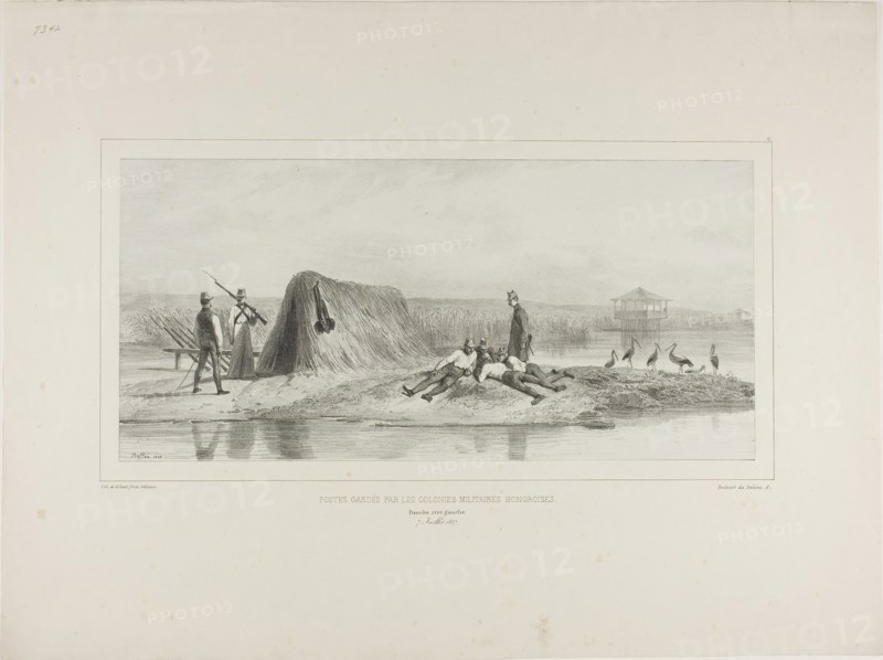 Guard Post for the Hungarian Military Colonies, Left Bank of the Danube, July 7, 1837, 1838, Denis Auguste Marie Raffet (French, 1804-1860), printed by Chez Gihaut Frères (French, 19th century), France, Lithograph in black on gray chine laid down on ivory wove paper, 156 × 330 mm (image), 156 × 330 mm (primary support), 341 × 457 mm (secondary support)