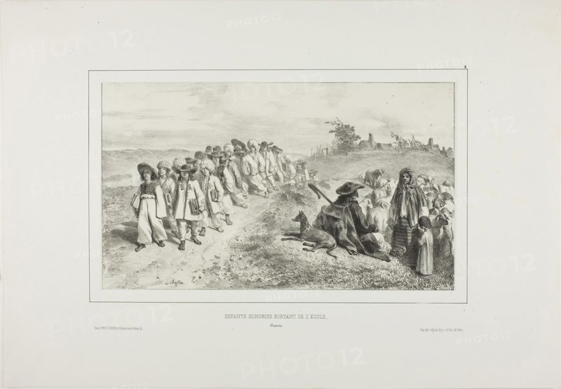 Hungarian Children Going to School, 1838, Denis Auguste Marie Raffet (French, 1804-1860), printed by Auguste Bry (French, 19th century), published by Éditeur Ernest Bourdin (French, active 19th century), France, Lithograph in black on gray chine laid down on ivory wove paper, 160 × 272 mm (image), 161 × 276 mm (primary support), 300 × 431 mm (secondary support)