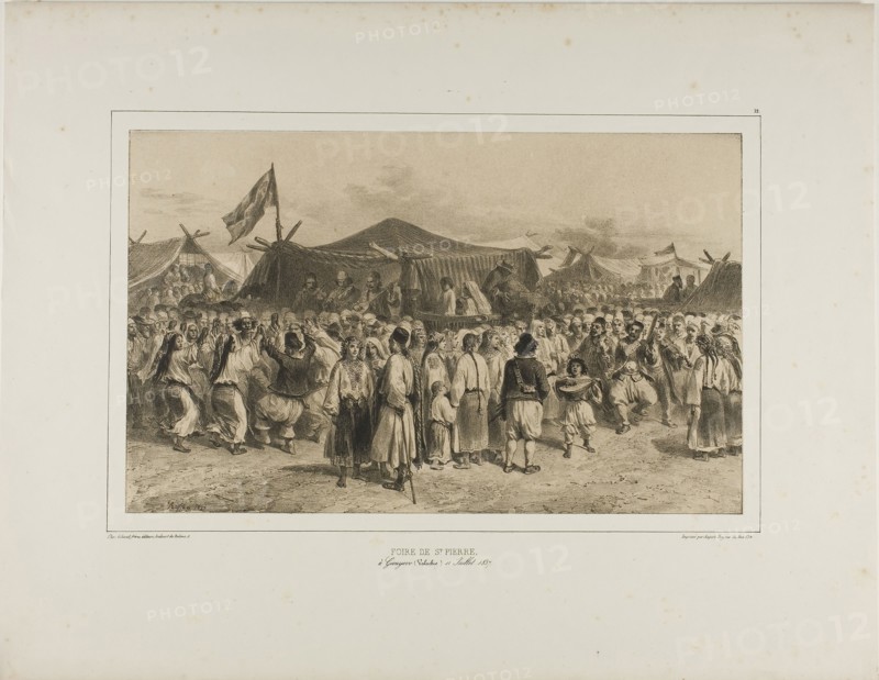 St. Pierre fair, Giourjevo, Wallachia, July 11, 1837, 1839, Denis Auguste Marie Raffet (French, 1804-1860), printed by Auguste Bry (French, 19th century), published by Chez Gihaut Frères (French, 19th century), France, Lithograph in black on tan wove chine laid down on ivory wove paper, 199 × 320 mm (image), 199 × 322 mm (primary support), 355 × 457 mm (secondary support)