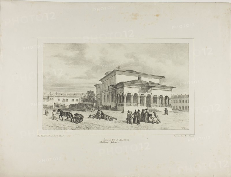 Church of St. George, Bucharest, Wallachia, July 13, 1837, 1839, Denis Auguste Marie Raffet (French, 1804-1860), printed by Auguste Bry (French, 19th century), published by Chez Gihaut Frères (French, 19th century), France, Lithograph in black on ivory chine laid down on ivory wove paper, 171 × 288 mm (image), 170 × 289 mm (primary support), 348 × 457 mm (secondary support)