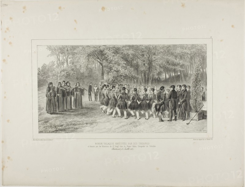 Wallachian Round, Performed by the Tsiganes and Danced by the Second Regiment Musicians at the Home of Prince Ghika, Ghospodar, Wallachia, 1839, Denis Auguste Marie Raffet (French, 1804-1860), printed by Auguste Bry (French, 19th century), published by Chez Gihaut Frères (French, 19th century), France, Lithograph in black on ivory chine laid down on ivory wove paper, 166 × 318 mm (image), 166 × 318 mm (primary support), 357 × 458 mm (secondary support)