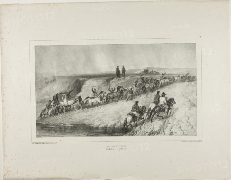 Bouzeo Passage, 1839, Denis Auguste Marie Raffet (French, 1804-1860), printed by Auguste Bry (French, 19th century), published by Chez Gihaut Frères (French, 19th century), France, Lithograph in black on ivory chine laid down on ivory wove paper, 185 × 322.5 mm (image), 184.5 × 323 mm (primary support), 357 × 458 mm (secondary support)
