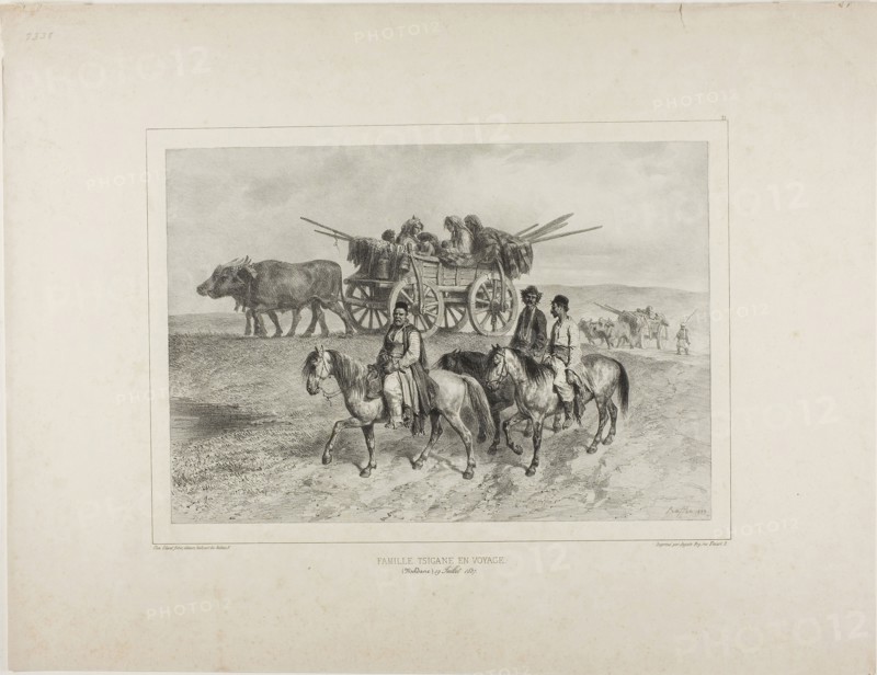 Family of Traveling Hungarian Gypsies, Moldavia, July 19, 1837, 1839, Denis Auguste Marie Raffet (French, 1804-1860), printed by Auguste Bry (French, 19th century), published by Chez Gihaut Frères (French, 19th century), France, Lithograph in black on gray chine laid down on ivory wove paper, 197 × 283 mm (image), 197 × 283 mm (primary support), 349 × 456 mm (secondary support)