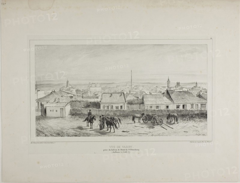 View of Yassy Taken from the Balcony of the St. Petersburg Hotel, Moldavia, July 19, 1837, 1840, Denis Auguste Marie Raffet (French, 1804-1860), printed by Auguste Bry (French, 19th century), published by Chez Gihaut Frères (French, 19th century), France, Lithograph in black on gray chine laid down on ivory wove paper, 177 × 331 mm (image), 230 × 362 mm (primary support), 354 × 457 mm (secondary support)