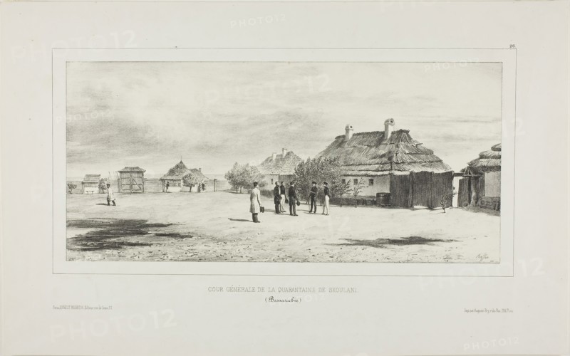 Courtyard of the Quarantine General, Skoulani, Bessarabia, 1839, Denis Auguste Marie Raffet (French, 1804-1860), printed by Auguste Bry (French, 19th century), published by Éditeur Ernest Bourdin (French, active 19th century), France, Lithograph in black on ivory chine laid down on ivory wove paper, 148 × 322 mm (image), 149 × 322 mm (primary support), 263 × 418 mm (secondary support)