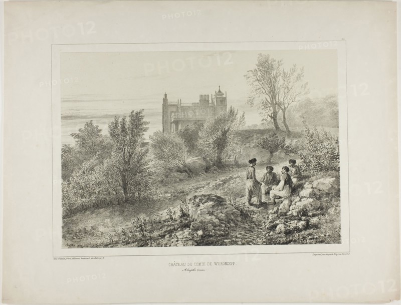 The Château of Count Woronzoff, Aloupka, Crimea, August 12, 1837, 1840, Denis Auguste Marie Raffet (French, 1804-1860), printed by Auguste Bry (French, 19th century), published by Chez Gihaut Frères (French, 19th century), France, Lithograph in black on ivory chine laid down on ivory wove paper, 223 × 320 mm (image), 224 × 319 mm (primary support), 347 × 454 mm (secondary support)