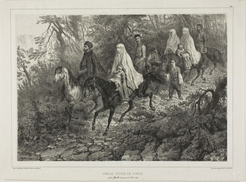 Traveling Tartar Family, Near Yalta, Crimea, August 15, 1837, 1840, Denis Auguste Marie Raffet (French, 1804-1860), printed by Auguste Bry (French, 19th century), published by Chez Gihaut Frères (French, 19th century), France, Lithograph in black on ivory chine laid down on ivory wove paper, 237 × 340 mm (image), 239 × 343 mm (primary support), 291 × 395 mm (secondary support)