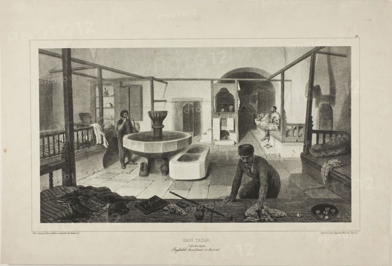 Tartar Bath, Resting Room, 1840, Denis Auguste Marie Raffet (French, 1804-1860), printed by Auguste Bry (French, 19th century), published by Chez Gihaut Frères (French, 19th century), France, Lithograph in black on ivory chine laid down on buff wove paper, 204 × 364 mm (image), 204 × 364 mm (primary support), 308 × 456 mm (secondary support)