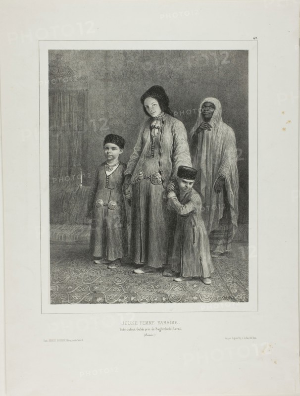 Young Karaïme Woman, Tchioufout-Galech Near Baghtcheh-Saraï, Crimea, 1840, Denis Auguste Marie Raffet (French, 1804-1860), printed by Auguste Bry (French, 19th century), published by Éditeur Ernest Bourdin (French, active 19th century), France, Lithograph in black on ivory chine laid down on ivory wove paper, 256 × 202 mm (image), 257 × 203 mm (primary support), 403 × 300 mm (secondary support)