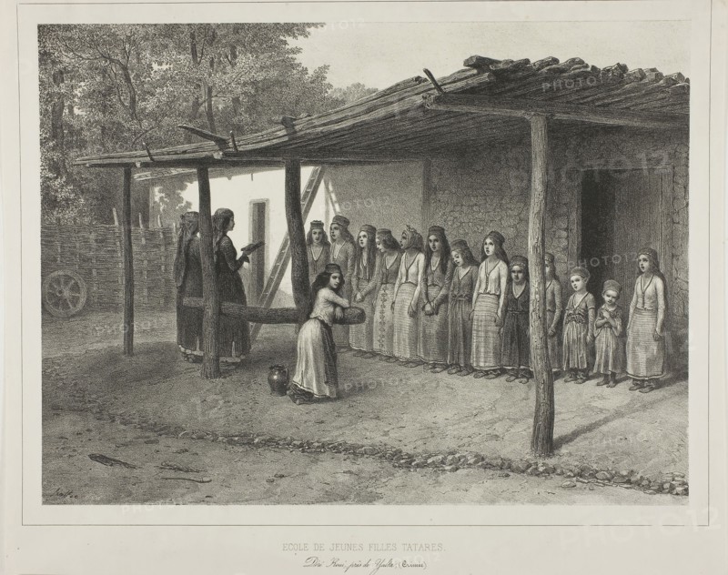 School for Young Tartar Girls, 1841, Denis Auguste Marie Raffet (French, 1804-1860), printed by Auguste Bry (French, 19th century), France, Lithograph in black on ivory chine laid down on ivory wove paper, 237 × 319 mm (image), 238 × 321 mm (primary support), 286 × 356 mm (seconary support)