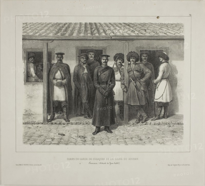 Cossack Bodyguards of the Line, Kuban, Taman, Détroit de Yéni-Kaleb, October 9, 1837, 1846, Denis Auguste Marie Raffet (French, 1804-1860), printed by Auguste Bry (French, 19th century), published by Éditeur Ernest Bourdin (French, active 19th century), France, Lithograph in black on ivory wove chine laid down on ivory wove paper, 191 × 252 mm (image), 191 × 252 mm (primary support), 288.5 × 317.5 mm (secondary support)