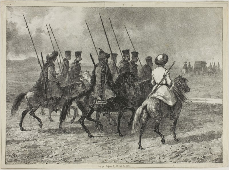Cossack Escort to the Border of Kuban, Taman (Central Russia), October 11, 1837, 1838, Denis Auguste Marie Raffet (French, 1804-1860), printed by Auguste Bry (French, 19th century), France, Lithograph in black on ivory chine laid down on cream wove paper, 193 × 268 mm (image), 193 × 268 mm (primary support), 206 × 282 mm (secondary support)