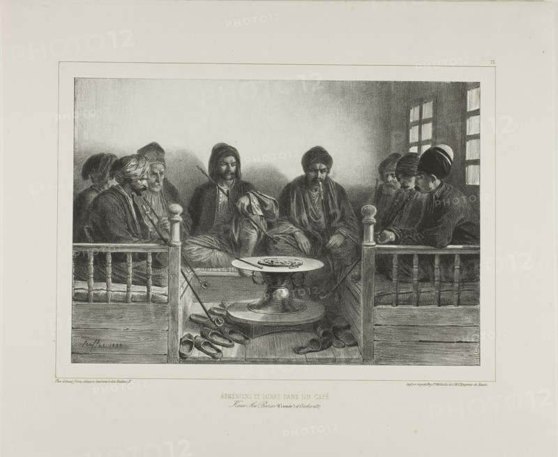 Armenians and Tartars in a Cafe, 1838, Denis Auguste Marie Raffet (French, 1804-1860), printed by Auguste Bry (French, 19th century), published by Chez Gihaut Frères (French, 19th century), France, Lithograph in black on gray chine laid down on ivory wove paper, 193 × 277 mm (image), 193 × 278 mm (primary support), 313 × 376 mm (secondary support)