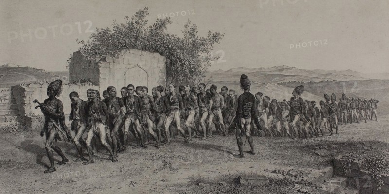 Turkish Recruits Near Smyrna, November 10, 1837, 1847, Denis Auguste Marie Raffet (French, 1804-1860), printed by Auguste Bry (French, 19th century), published by Chez Gihaut Frères (French, 19th century), France, Lithograph in black on ivory chine laid down on buff wove paper laid down on ivory card, 213 × 425 mm (image), 215 × 426 mm (primary support), 338 × 543 mm (secondary support), 338 × 543 mm (tertiary support)