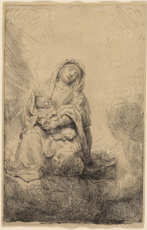 The Virgin and Child in the Clouds, 1641, Rembrandt van Rijn, Dutch, 1606-1669, Holland, Etching on cream laid paper, 166 x 105 mm (image/plate), 170 x 108 mm (sheet)