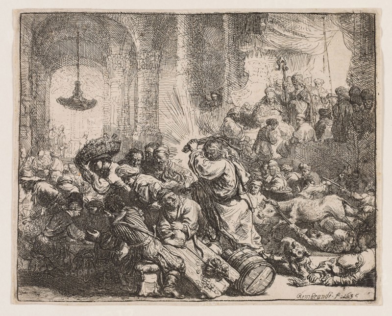 Christ Driving the Money Changers from the Temple, 1635, Rembrandt van Rijn, Dutch, 1606-1669, Holland, Etching on ivory laid paper, 136 x 168 mm (image/plate), 139 x 174 mm (sheet)