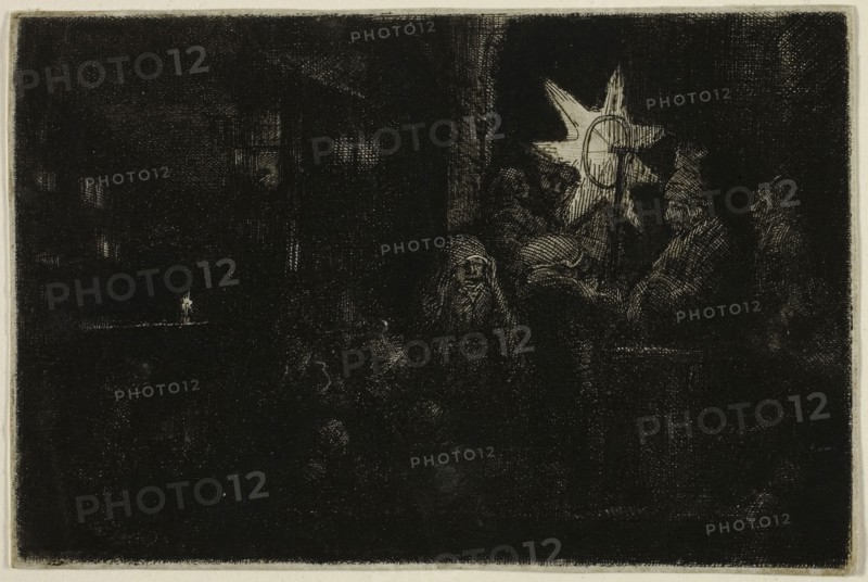 The Star of the Kings: A Night Piece, c. 1651, Rembrandt van Rijn, Dutch, 1606-1669, Holland, Etching, drypoint, and engraving on ivory laid paper, 93 x 142 mm (image/plate), 95 x 144 mm (sheet)