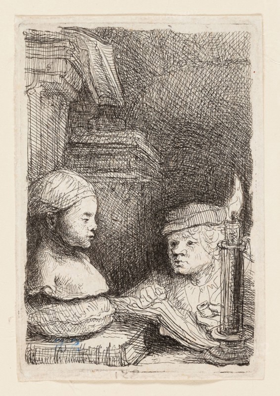 Man Drawing from a Cast, c. 1641, Rembrandt van Rijn, Dutch, 1606-1669, Holland, Etching on ivory laid paper, 95 x 64 mm (plate/image), 98 x 68 mm (sheet)