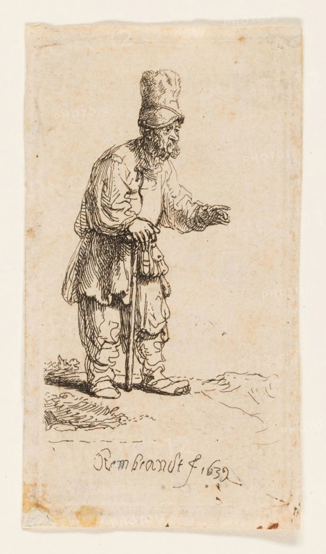 Peasant in a High Cap, Standing Leaning on a Stick, 1639, Rembrandt van Rijn, Dutch, 1606-1669, Holland, Etching on paper, 84 x 44 mm (plate), 88 x 49 mm (sheet)