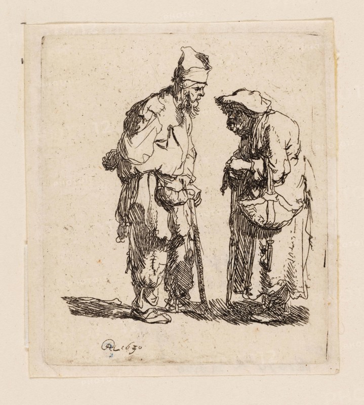 Beggar Man and Beggar Woman Conversing, 1630, Rembrandt van Rijn, Dutch, 1606-1669, Holland, Etching on ivory laid paper, 78 x 67 mm (plate), 82 x 72 mm (sheet)