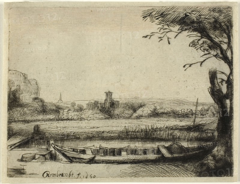 Canal with a Large Boat and a Bridge, 1650, Rembrandt van Rijn, Dutch, 1606-1669, Holland, Etching on paper, 81 x 108 mm (image), 86 x 112.5 mm (sheet)