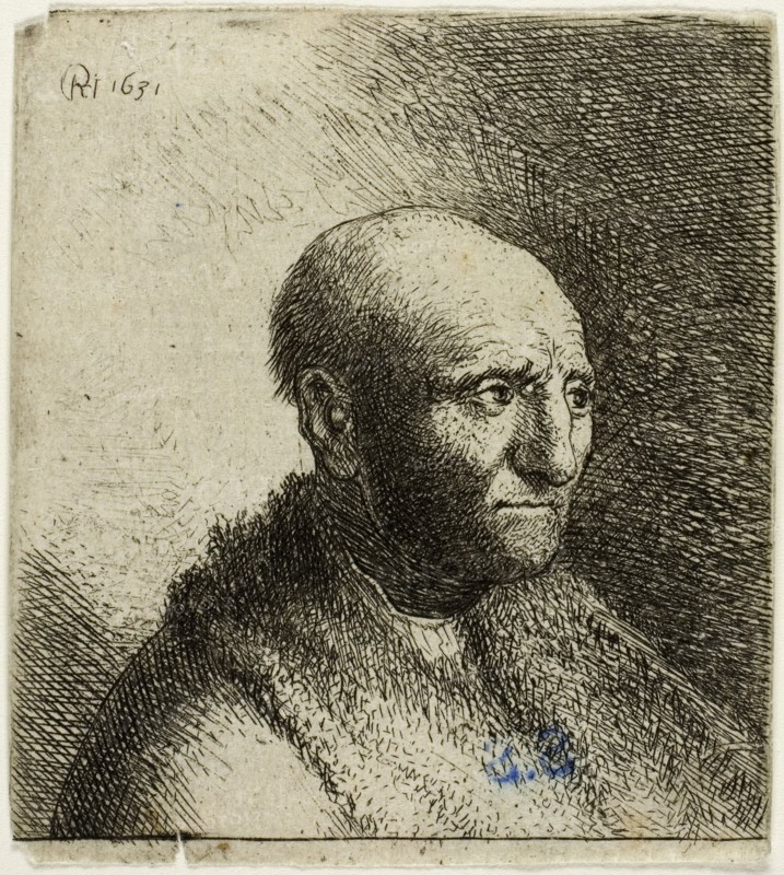 Bald Man in a Fur Cloak: Bust, 1631, Rembrandt van Rijn (Dutch, 1606-1669), possibly reworked by a pupil (Van Vliet?), Netherlands, Etching on paper, 63 x 58 mm (image), 66 x 58 mm (sheet)