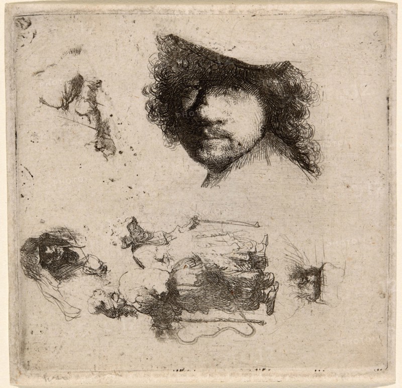 Sheet of Studies: Head of the Artist, a Beggar Couple, Heads of an Old Man and Old Woman, etc., 1632, Rembrandt van Rijn, Dutch, 1606-1669, Holland, Etching in black on buff laid paper, 99 x 102 mm (image/plate), 105 x 107 mm (sheet)