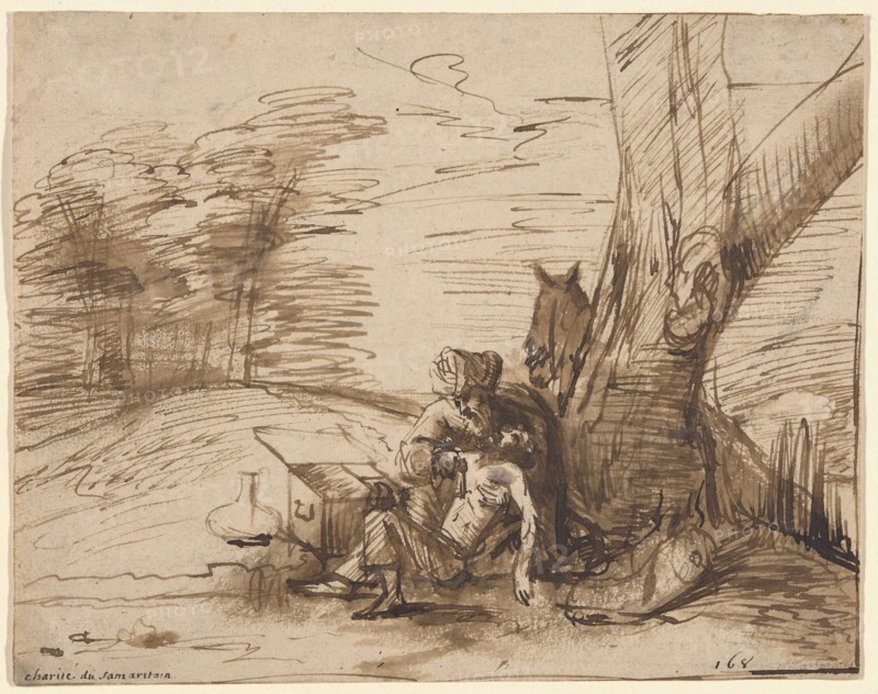 The Good Samaritan, c. 1650, School of Rembrandt van Rijn, Dutch, 1606-1669, Holland, Pen and brown ink, with brush and brown wash, on cream laid paper, 194 x 244 mm
