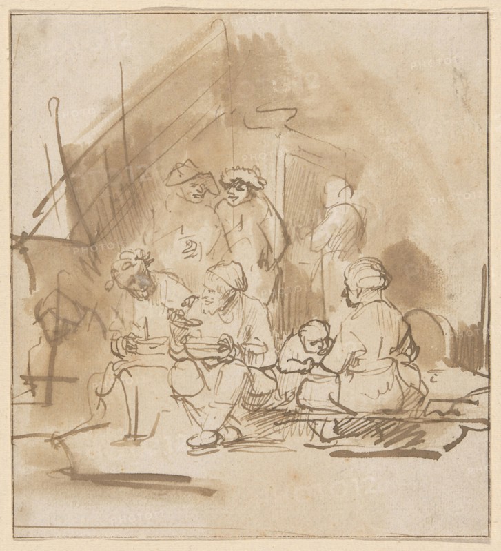 Satyr Among the Peasants, 1645/50, Barent Fabritius, Dutch, 1624-1673, Netherlands, Pen and brown ink, with brush and brown wash and a touch of opaque white watercolor, ruled in pen and brown ink at all edges, on cream laid paper, 182 x 165 mm