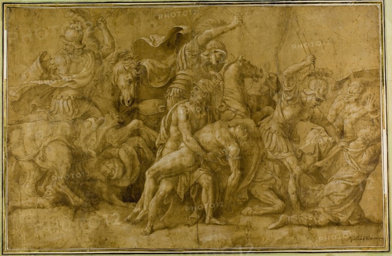 Menelaus Holding the Body of Patroclus, n.d., after Giulio Pippi, called Giulio Romano, Italian, c. 1499-1546, Italy, Pen and brown ink with brush and brown wash, heightened with white gouache, on tan laid paper, laid down on card, 358 x 555 mm (max.)
