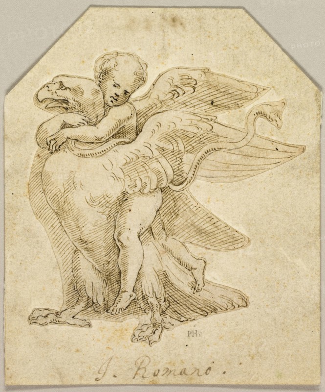 Cupid Astride an Eagle, n.d., Giulio Pippi, called Giulio Romano, after, Italian, c. 1499-1546, Italy, Pen and brown ink with brush and brown wash, over traces of black chalk on buff laid paper, laid down on cream laid paper, 124 x 104 mm (max.)