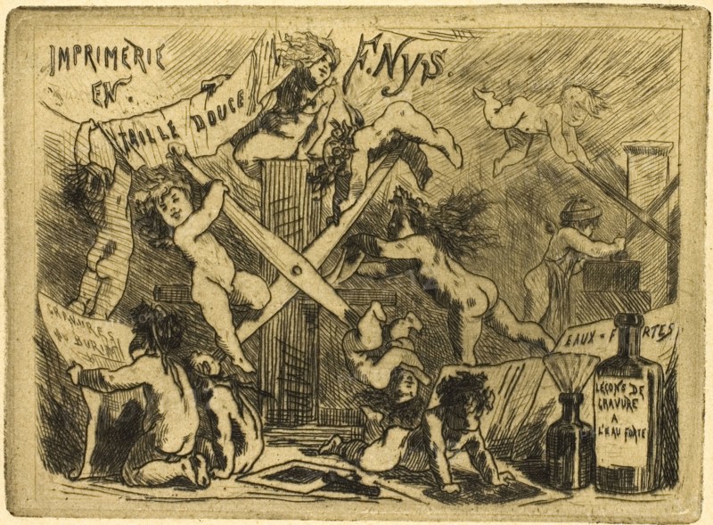 The Press, 1878, Félicien Rops, Belgian, 1833-1898, Belgium, Etching and drypoint on tan wove paper, 87 × 119 mm (image/plate), 327 × 254 mm (sheet)