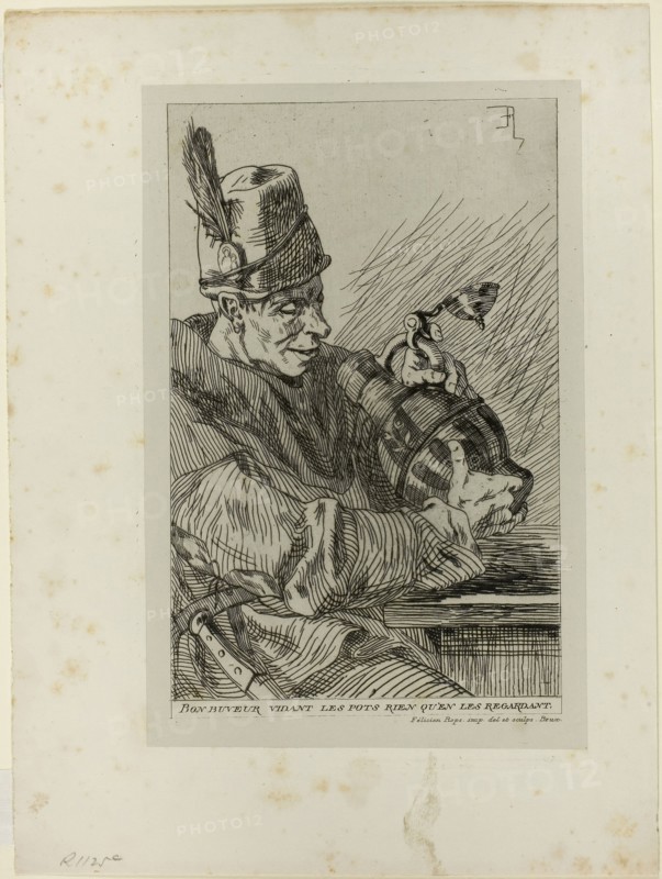 The Drinker, 1867, Félicien Rops, Belgian, 1833-1898, Belgium, Etching on gray chine, laid down on ivory wove paper (chine collé), 210 × 134 mm (image), 241 × 160 mm (plate), 228 × 151 mm (primary support), 297 × 221 mm (secondary support)