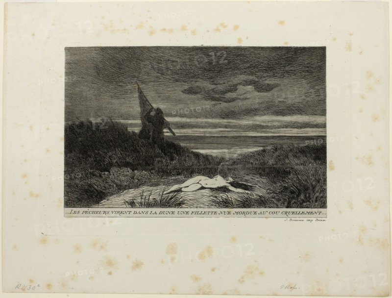 The Werewolf, c. 1867, Félicien Rops (Belgian, 1833-1898), Edmond de Schampheleer (Belgian, 1824-1899), printed by J. Bouwens (Belgian, active 19th century), written by Charles de Coster (Belgian, 1827-1879), Belgium, Etching, with engraving and roulette, on gray wove paper, laid down on ivory wove paper, 125 × 204 mm (image), 159 × 241 mm (plate), 133 × 203 mm (primary support), 229 × 300 mm (secondary support)