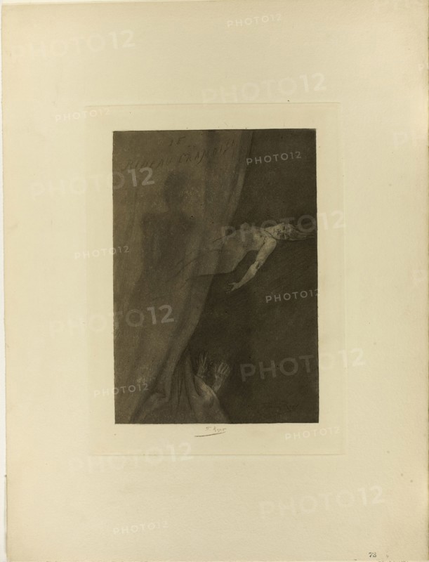 The Crimson Curtain, n.d., Félicien Rops, Belgian, 1833-1898, Belgium, Heliogravure, with aquatint and soft varnish ("vernis mou") on cream wove paper, 237 × 165 mm (image), 283 × 208 mm (plate), 453 × 344 mm (sheet)