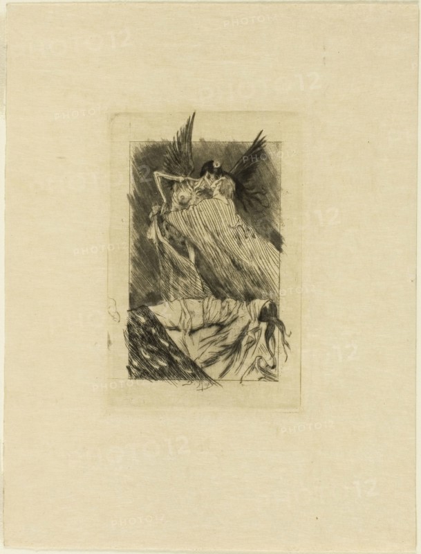Frontispiece to Les baisers morts, 1893, Félicien Rops, Belgian, 1833-1898, Belgium, Soft varnish etching ("vernis mou"), drypoint and roulette on cream wove paper, 94 × 66 mm (image), 108 × 72 mm (plate), 186 × 141 mm (sheet)
