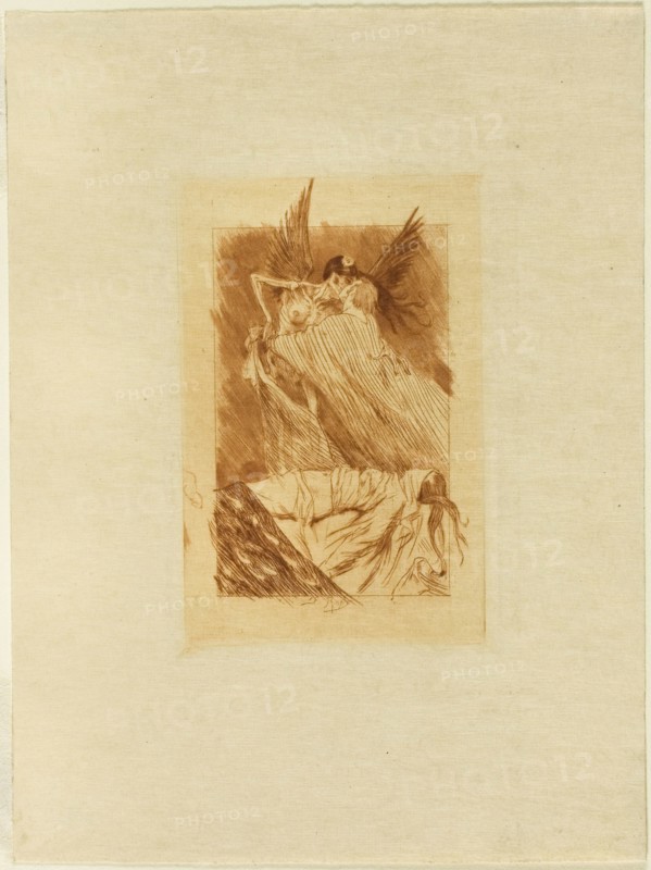 Frontispiece to Les baisers morts, 1893, Félicien Rops, Belgian, 1833-1898, Belgium, Soft varnish ("vernis mou") etching, drypoint and roulette in brownish-red on cream wove paper, 104 × 66 mm (image), 108 × 71 mm (plate), 187 × 140 mm (sheet)