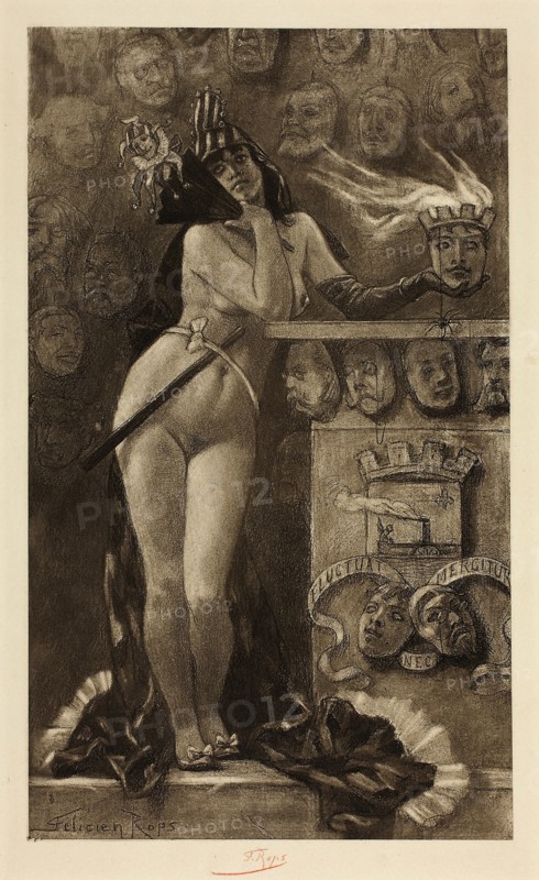 Modern Masks, 1889, Félicien Rops, Belgian, 1833-1898, Belgium, Photogravure in dark brown retouched with soft varnish (vernis mou), roulette and blue handcoloring on thick cream wove paper, 290 × 173 mm (image), 349 × 240 mm (plate), 458 × 346 mm (sheet, folded)