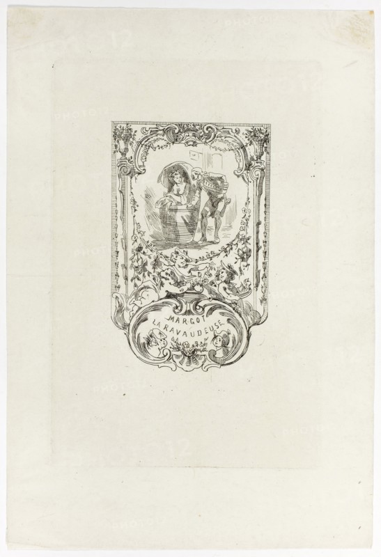 Frontispiece to Margot, la ravaudeuse, 1868, Félicien Rops, Belgian, 1833-1898, Belgium, Etching on grayish ivory laid chine, 121 × 78 mm (image), 198 × 130 mm (plate), 263 × 178 mm (sheet)